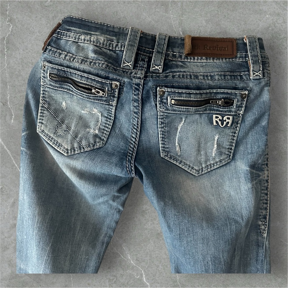 Distressed R Rock Revival jeans with a unique, worn-in look #grunge #y2k #gothic